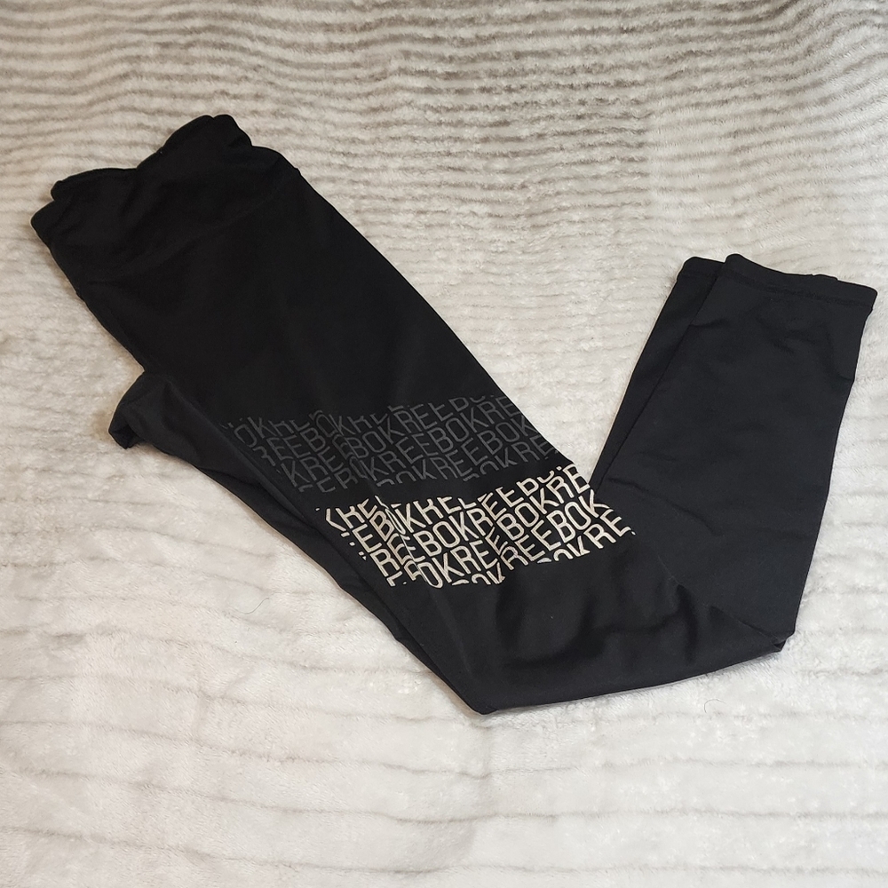 Reebok Women's Black Leggings, Graphic Print Logo, Full Length- Size SMALL